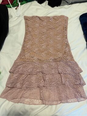 Edikted Blush Lace Strapless Tiered Mini Dress